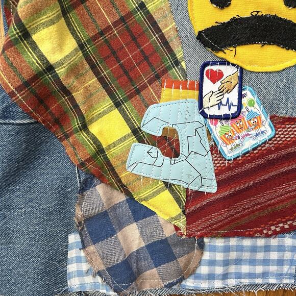 Reworked OOAK Jorts Denim Patchwork‎ Shorts Y2k Streetwear Maximalist Mens 34X13 - Picture 9 of 13